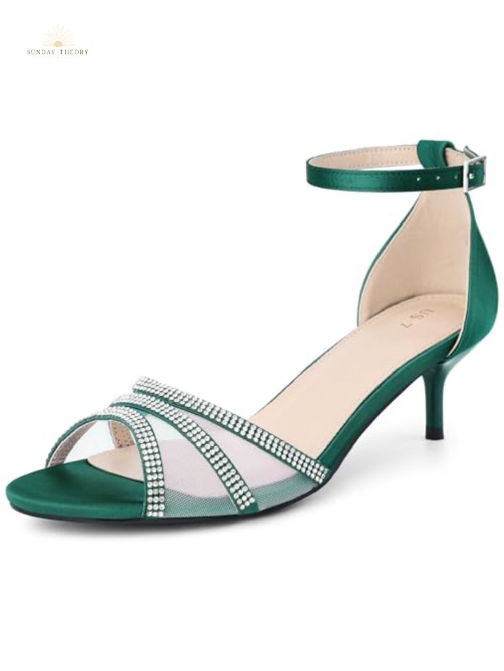 Rhinestone Mesh Kitten Heel Sandals Ankle Strap Open Toe
